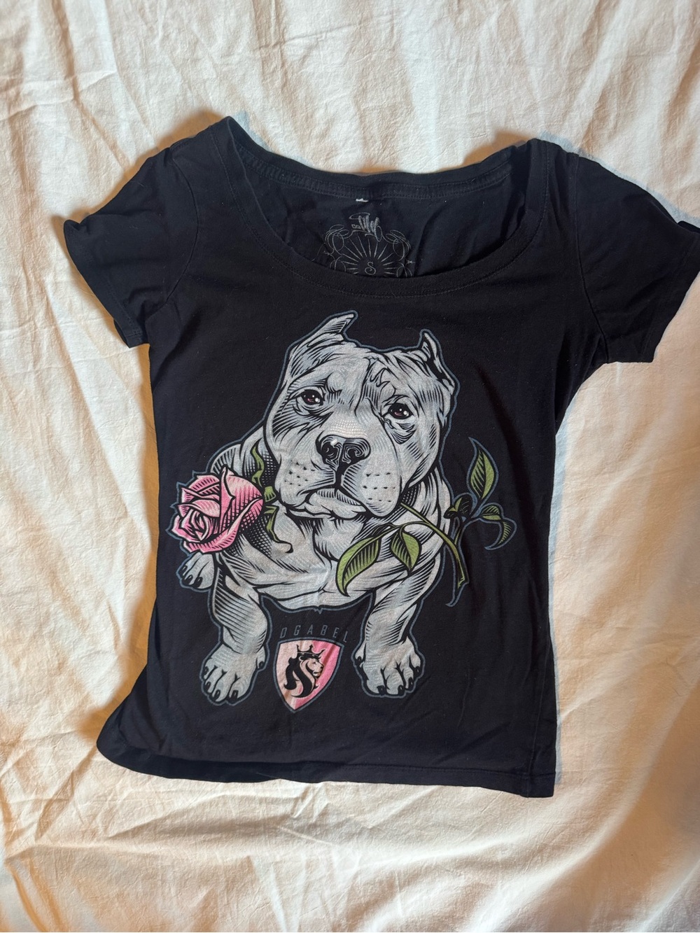 Black Short-Sleeve Graphic Tee with Pitbull and Pink Rose